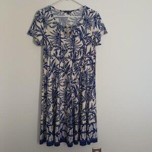 SAMI & JO WOMEN'S DRESS BLUE CREAM LEAVES FIT & FLARE PANEL STRETCH SIZE L NWT